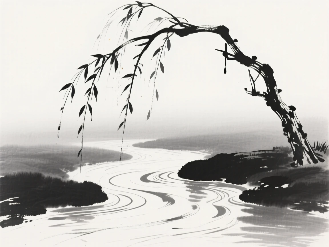 A weeping willow beside a stream along the bank of a slow-moving stream, set against a soft gradient of misty background, celebrating the fleeting beauty of the season.