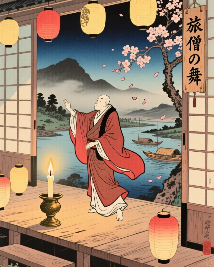 A traveling monk posed dramatically on a candlelit stage.