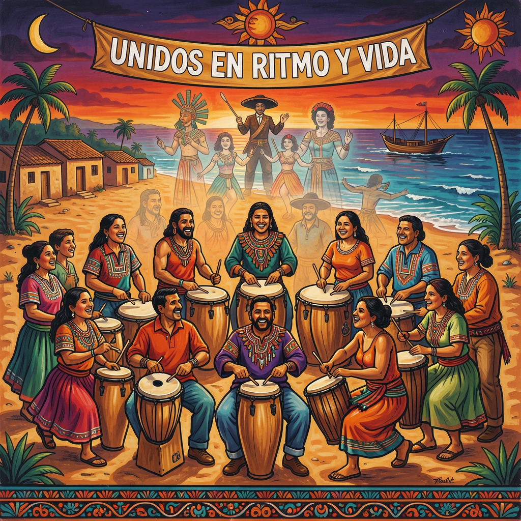 A drum circle gathered on a beach at twilight
