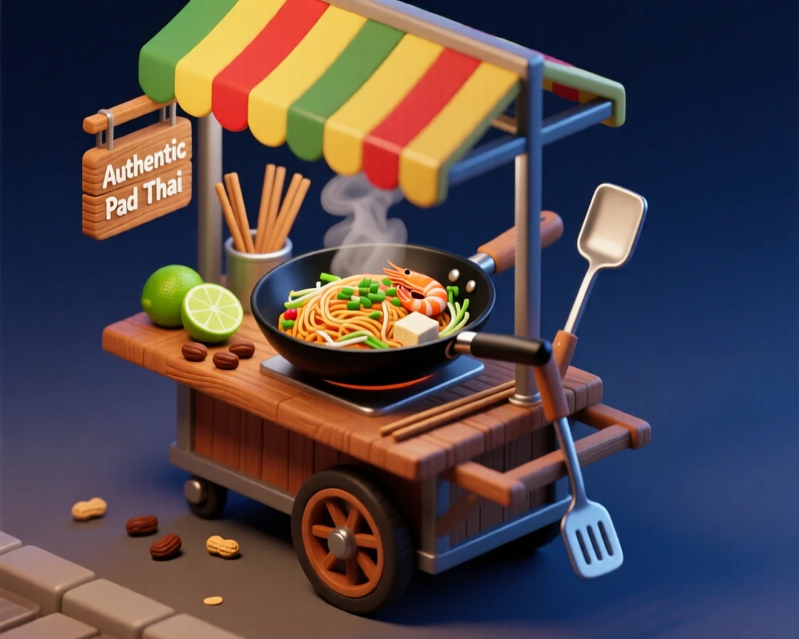 A bustling Thai street food cart with pad thai sizzling in a wok, fresh limes and peanuts scattered nearby, and steam rising into the night.