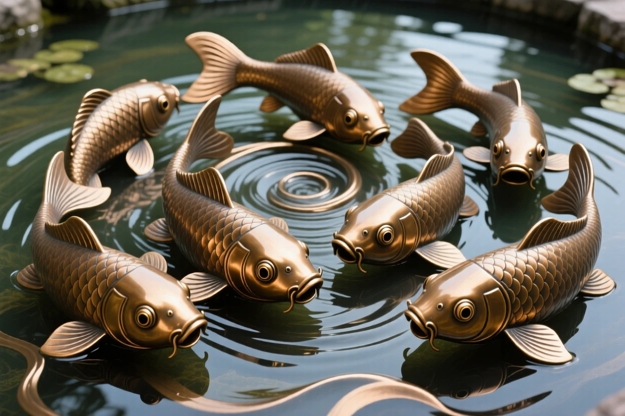 A school of koi fish swirling in a clear pond, with striking, expressive eyes, evoking wonder and majesty