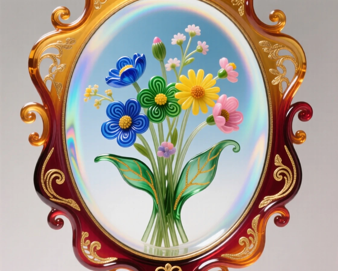 An ornate hand mirror reflecting a bouquet of wildflowers, elegant and charming.