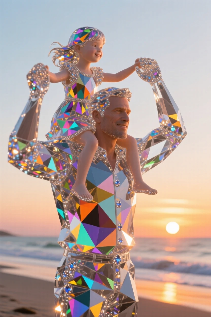 A father lifting his daughter onto his shoulders at a sunset beach.