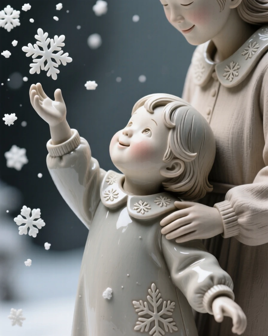 A child reaching up to catch falling snow leaning gently toward a loved one, adorned with simple, elegant ornamentation, filling the scene with joy and gentle wonder.