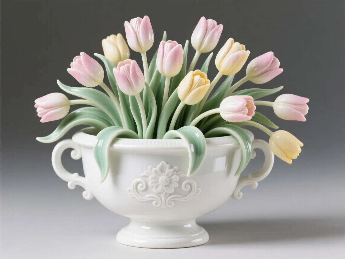A lush arrangement of tulips in a garden urn, arranged in a graceful cascading style.