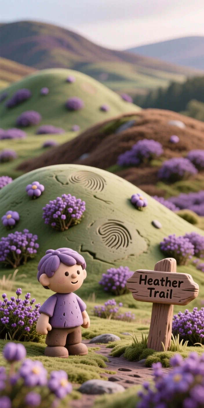A field of heather blanketing rolling Scottish highland hills