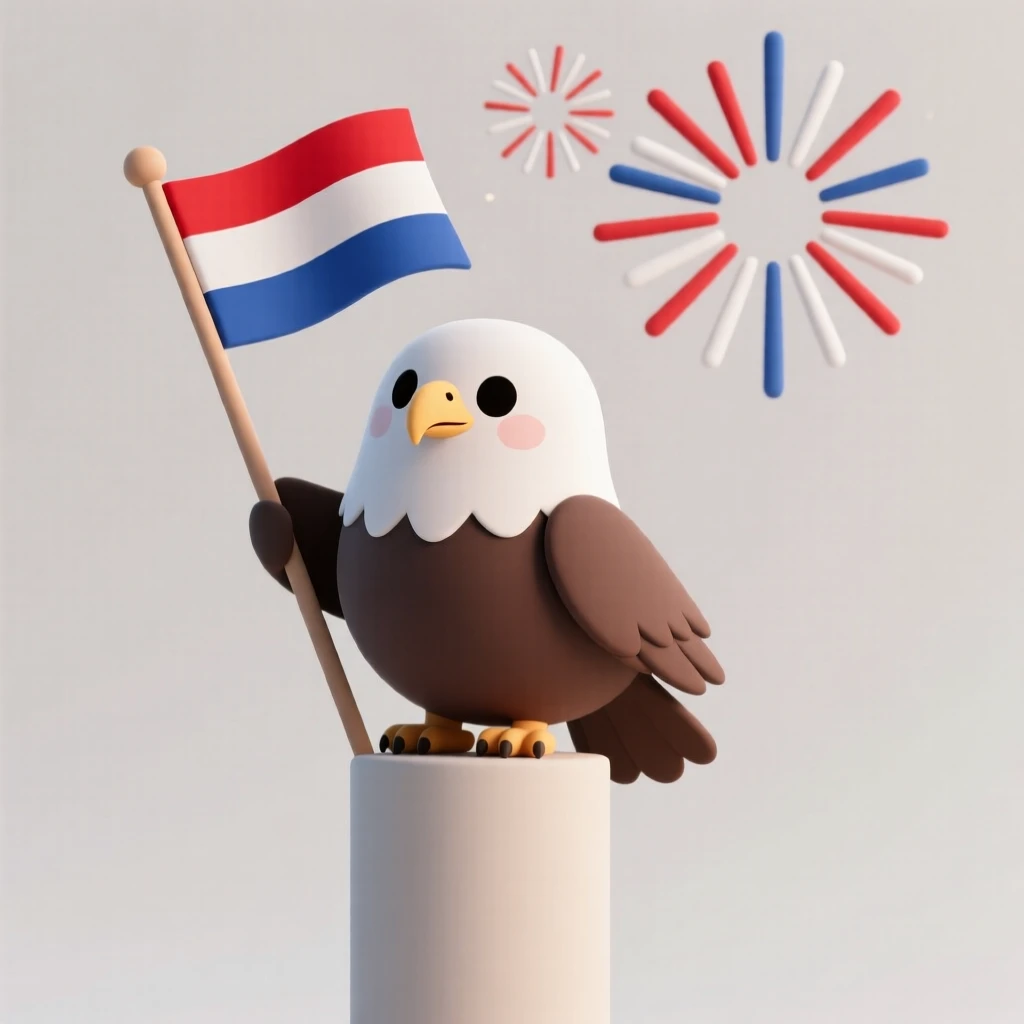 A festive Fourth of July eagle perches proudly atop a flagpole as fireworks burst in red, white, and blue overhead.