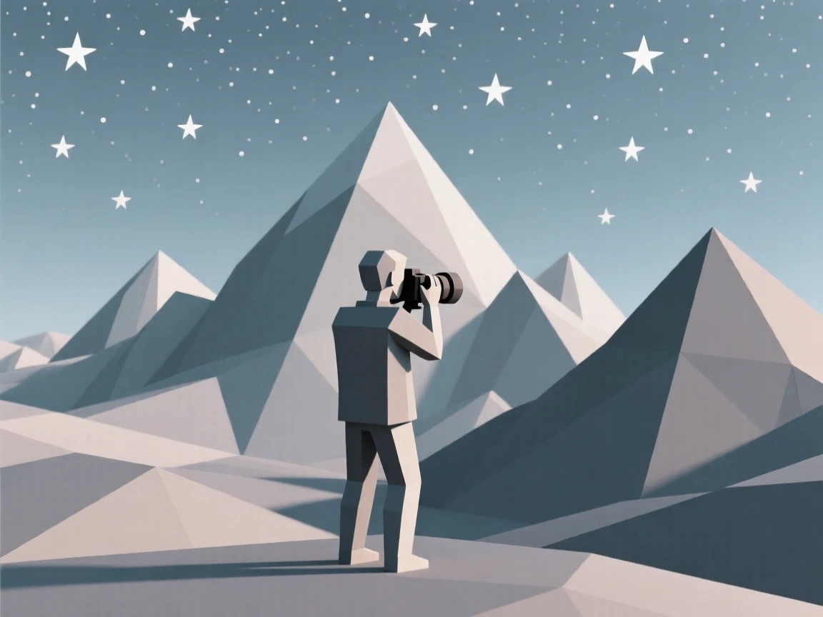 A photographer capturing a sweeping mountain vista, beneath a canopy of stars. a shallow depth of field keeps the action sharply in focus. There is a calm sense of focus and skill.