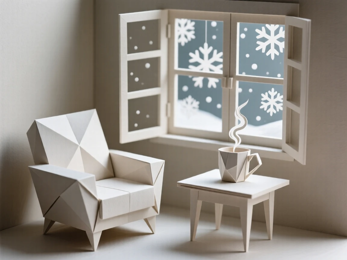 A cozy reading corner with a window overlooking falling snow and a steaming mug nearby.