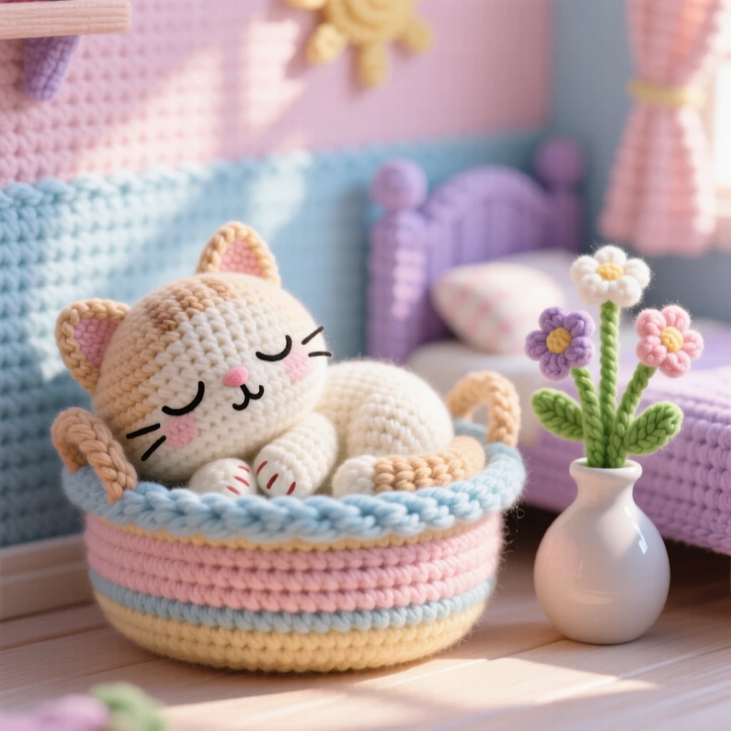 A tender everyday moment: a curled-up kitten with paws tucked beneath its chin, napping inside a soft knitted basket inside a sunlit bedroom with soft pastel walls; a small vase of fresh garden flowers completes the scene, full of a peaceful sense of home and belonging.