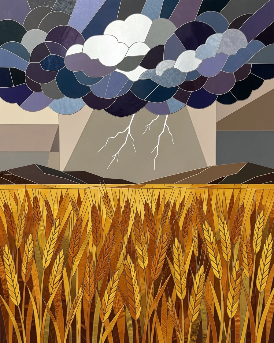 A dramatic thunderstorm rolling over a wide open wheat field.