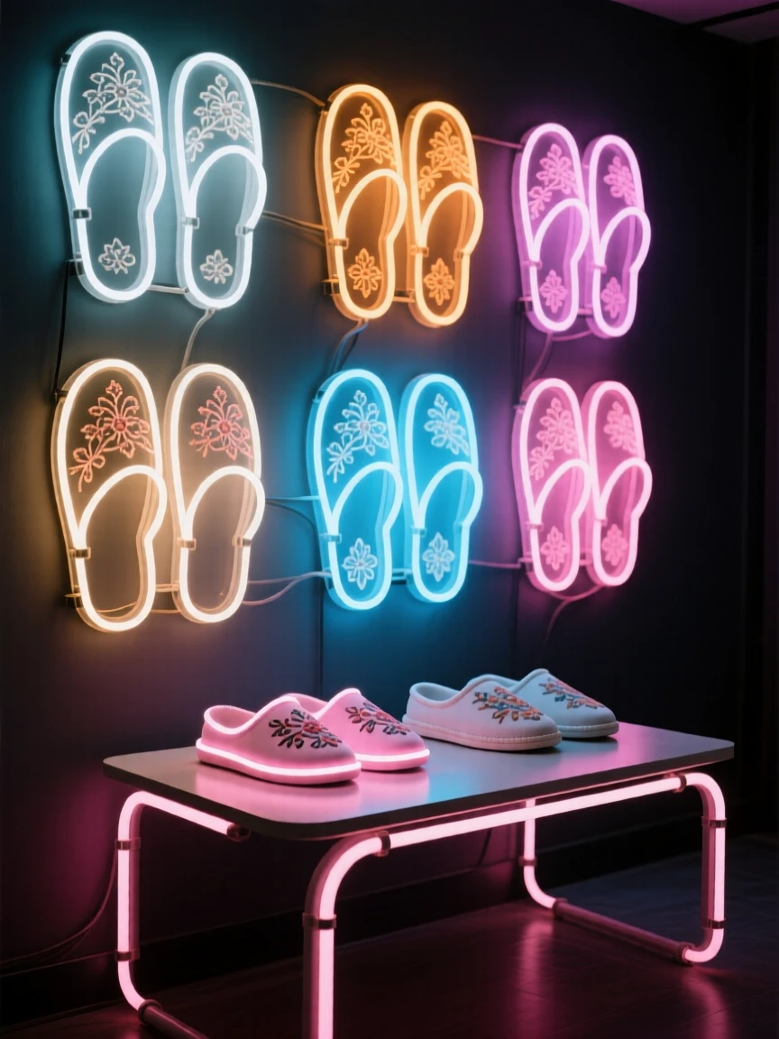 A set of embroidered slippers arranged beside a low table.