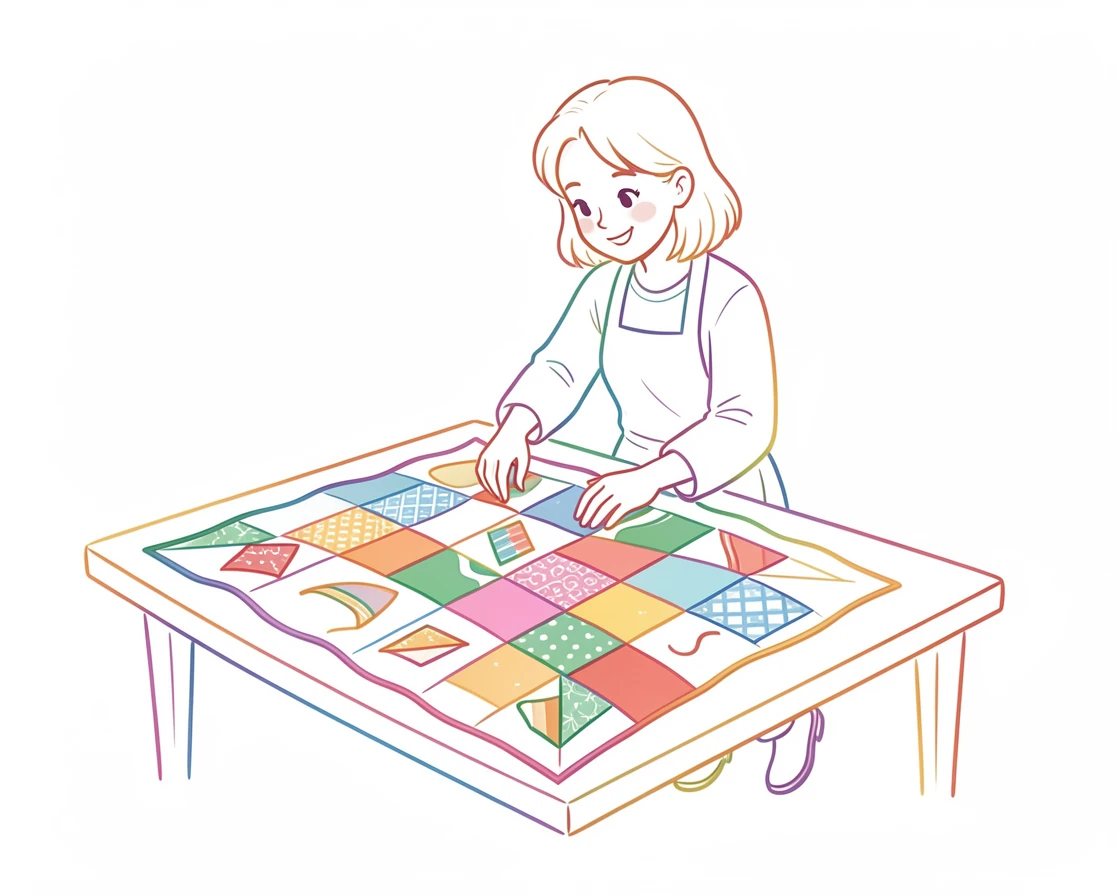 A quilter piecing together a colorful patchwork quilt on a large table.