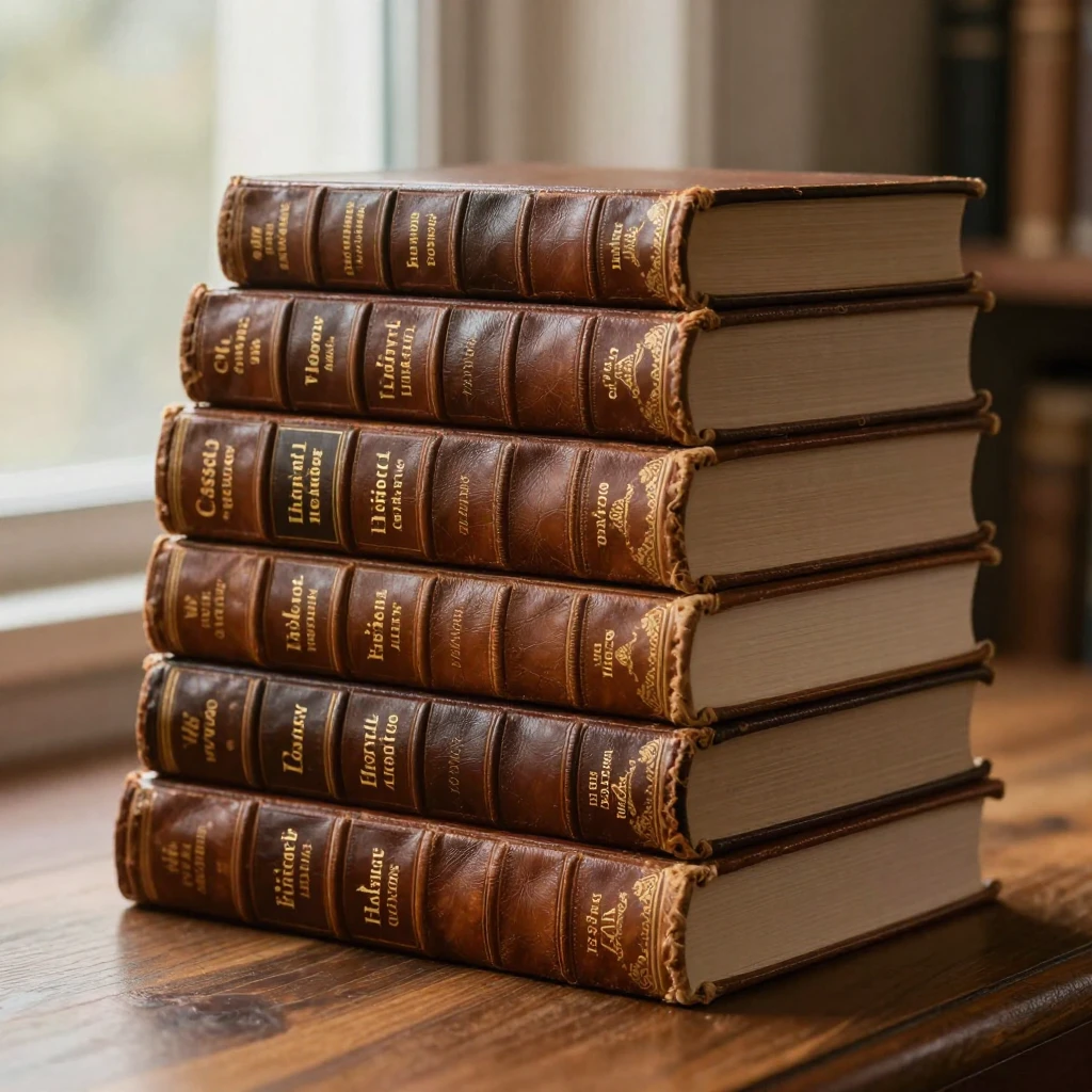 A stack of old leather-bound books with gold lettering