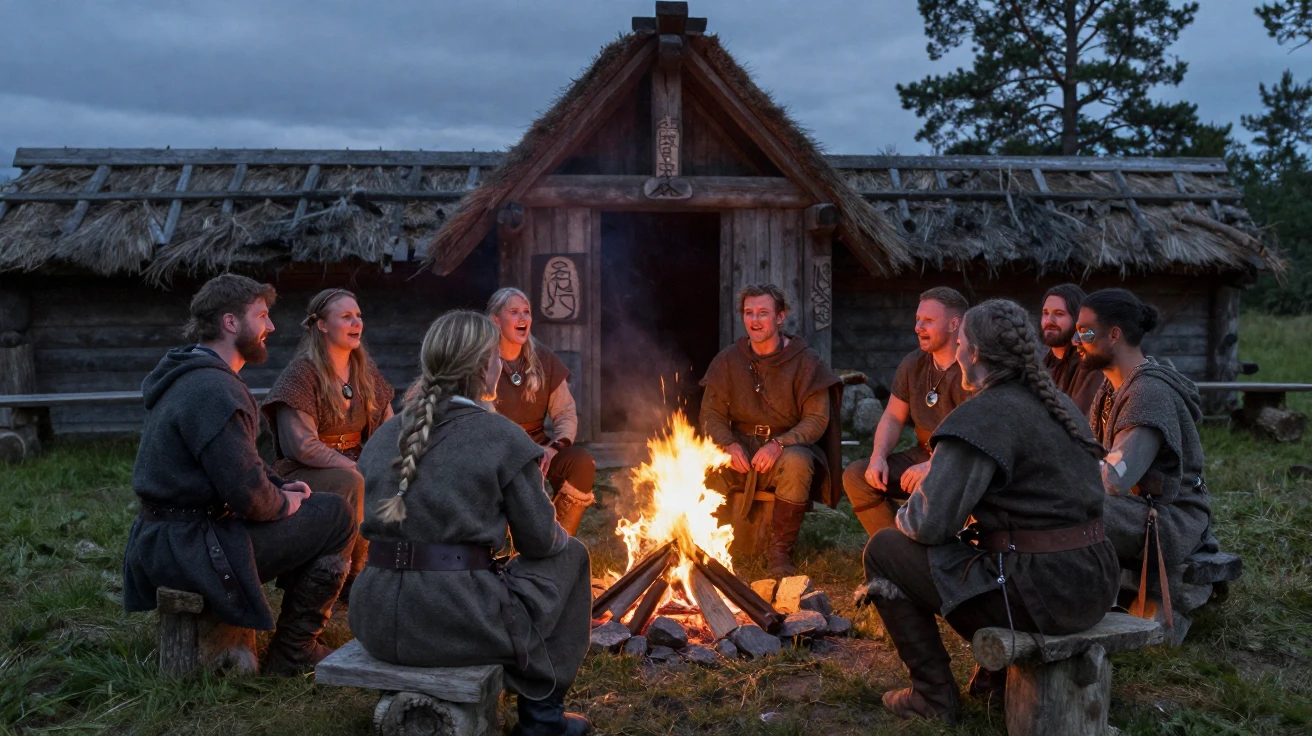 A group of Vikings gathers around a longhouse fire telling stories in the evening.