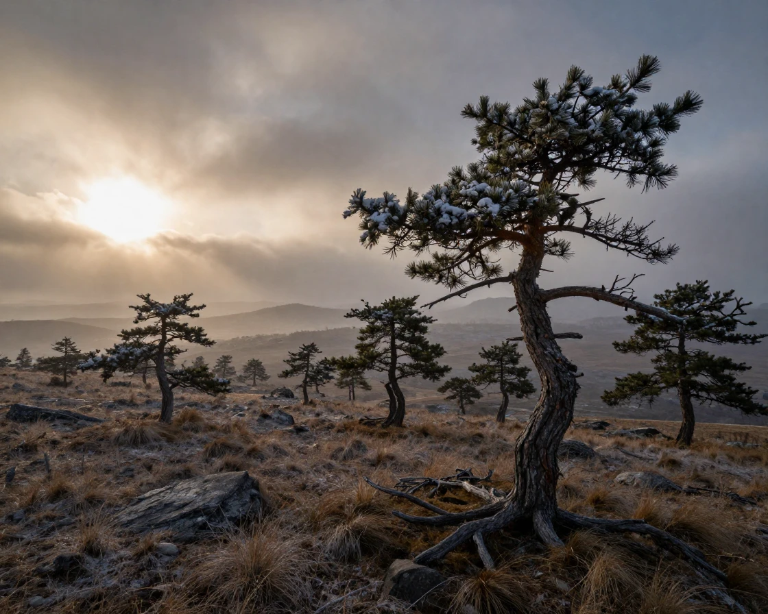 A remote plateau dotted with wind-bent trees, stretching endlessly as the first snow of winter falls