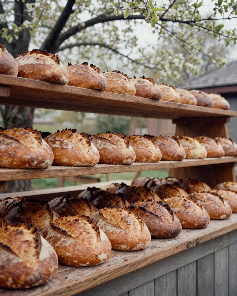 A rustic bakery counter with rows of golden-crusted loaves, in dappled light filtering through leaves, under a light drizzle, in early spring, in earthy terracotta and ochre shades, captured from a low angle looking up.