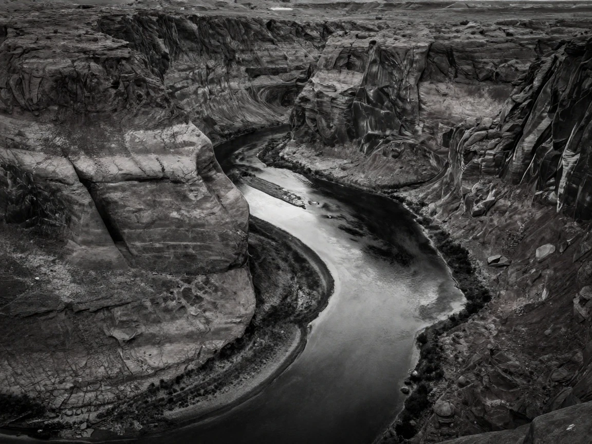 A winding river carves its way through a narrow canyon through a steep canyon.