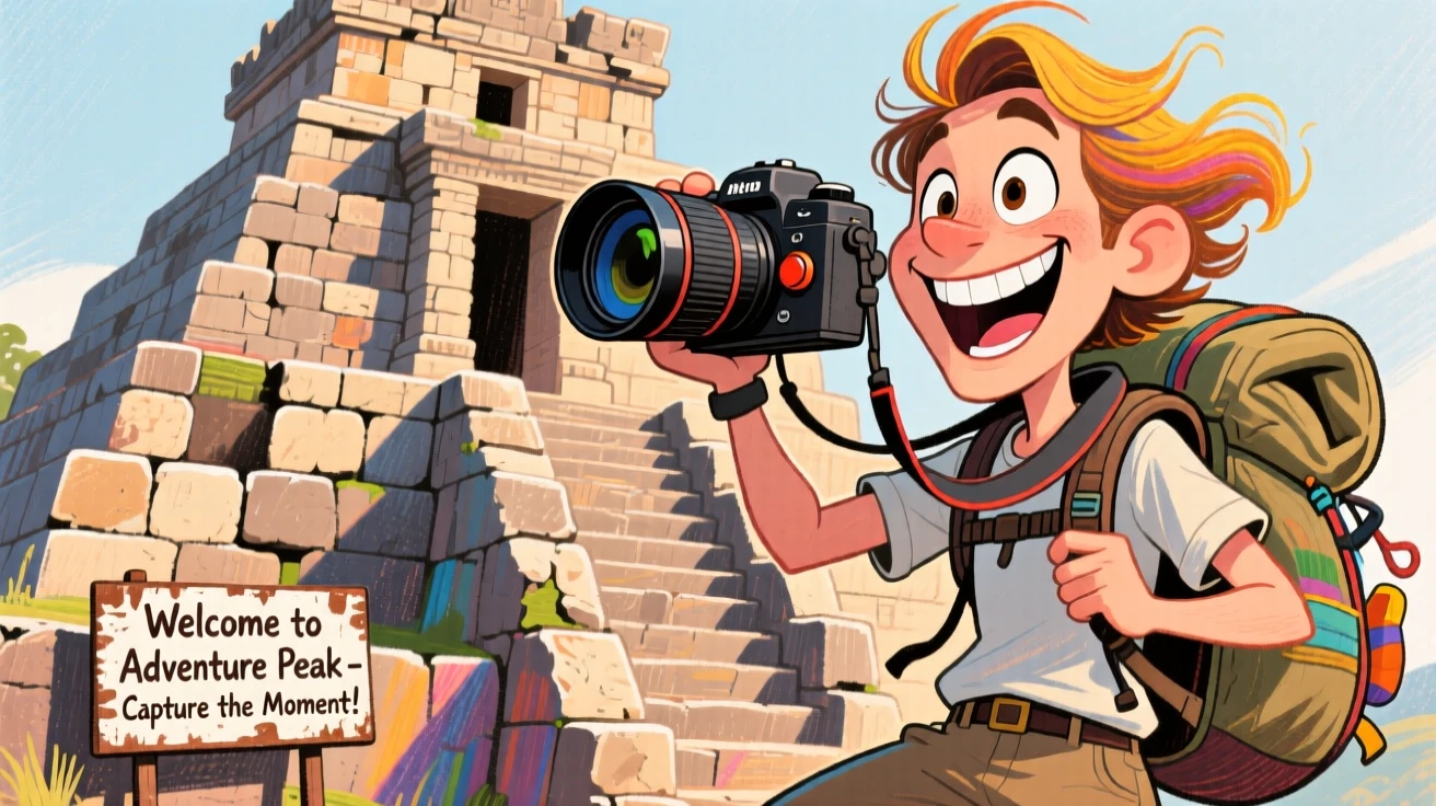 A travel blogger taking a photo atop an ancient temple, backpack and camera in hand.