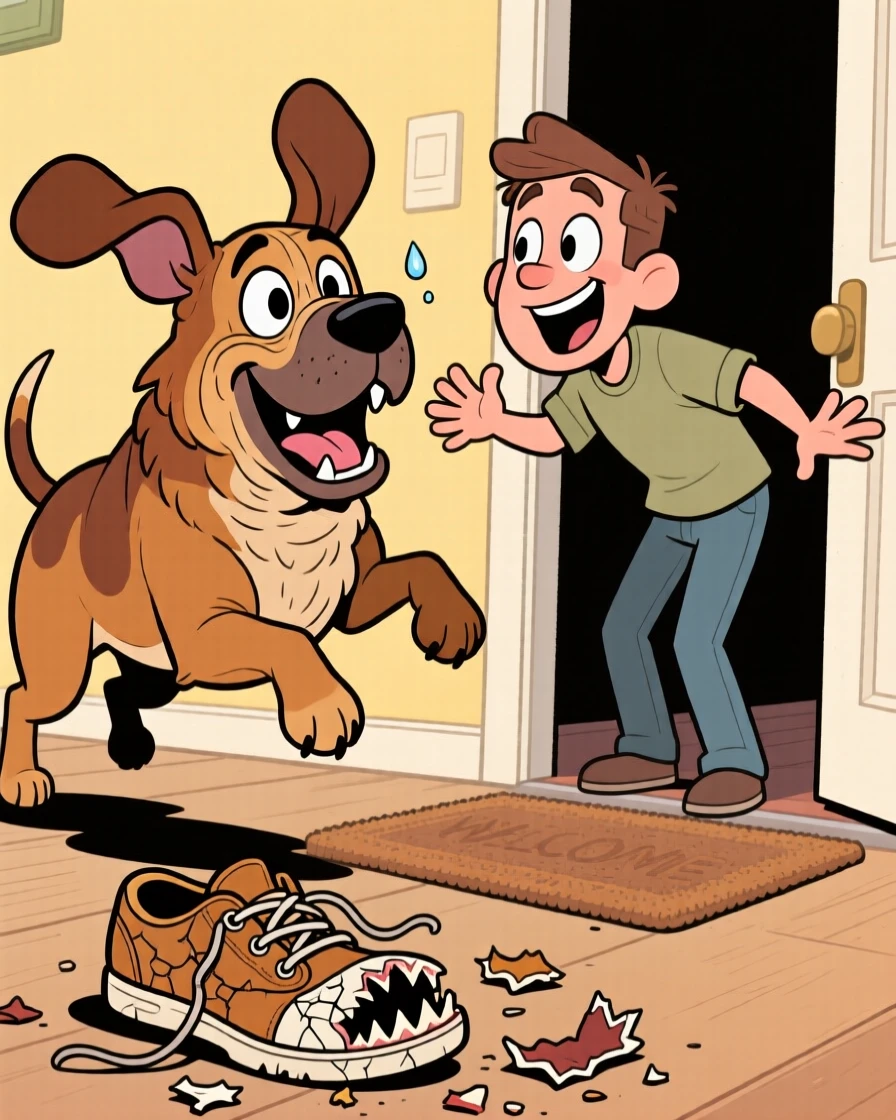 A playful pet moment featuring a gentle old bloodhound greeting its owner with an overjoyed leap, with a guilty look and a chewed-up shoe nearby.