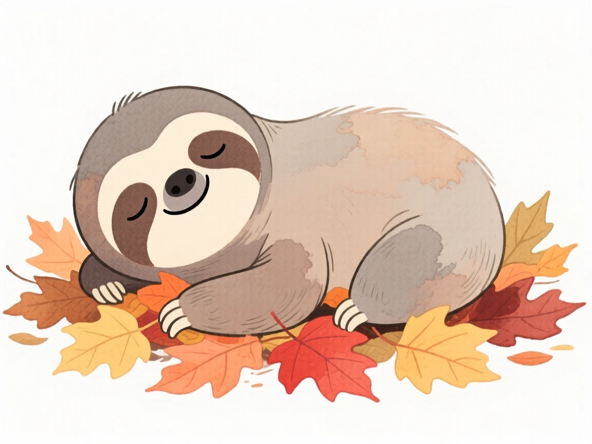 A sloth napping on a pile of autumn leaves