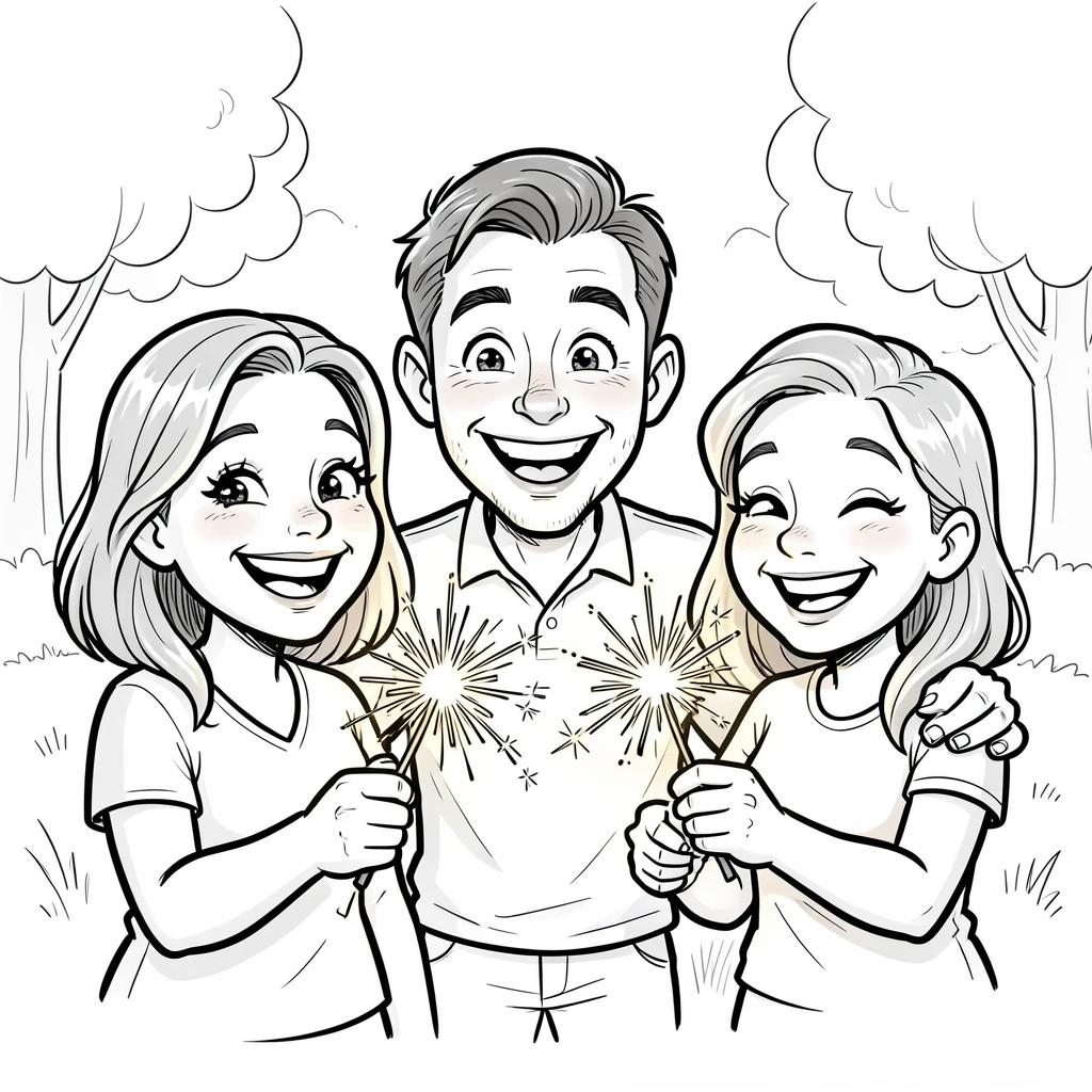 [Seasonal Holidays & Celebrations] Festive scene of a family lighting sparklers together to celebrate a summer evening, full of celebration and joy