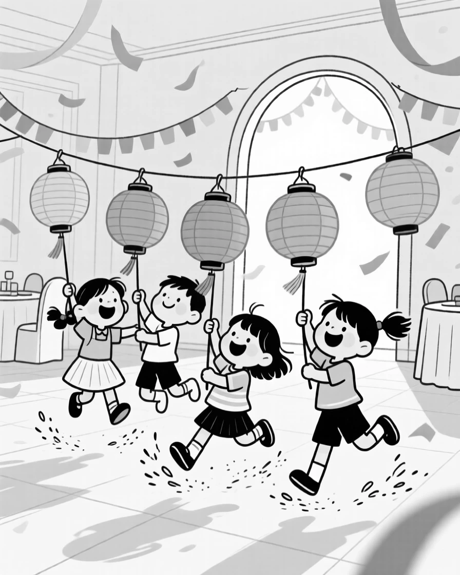 Children swinging brightly colored paper lanterns, kicking up dust with joyful, rhythmic footwork, set in a banquet hall filled with festive decorations. Paper streamers flutter from a nearby archway. There's a deep sense of belonging and festivity in the air.