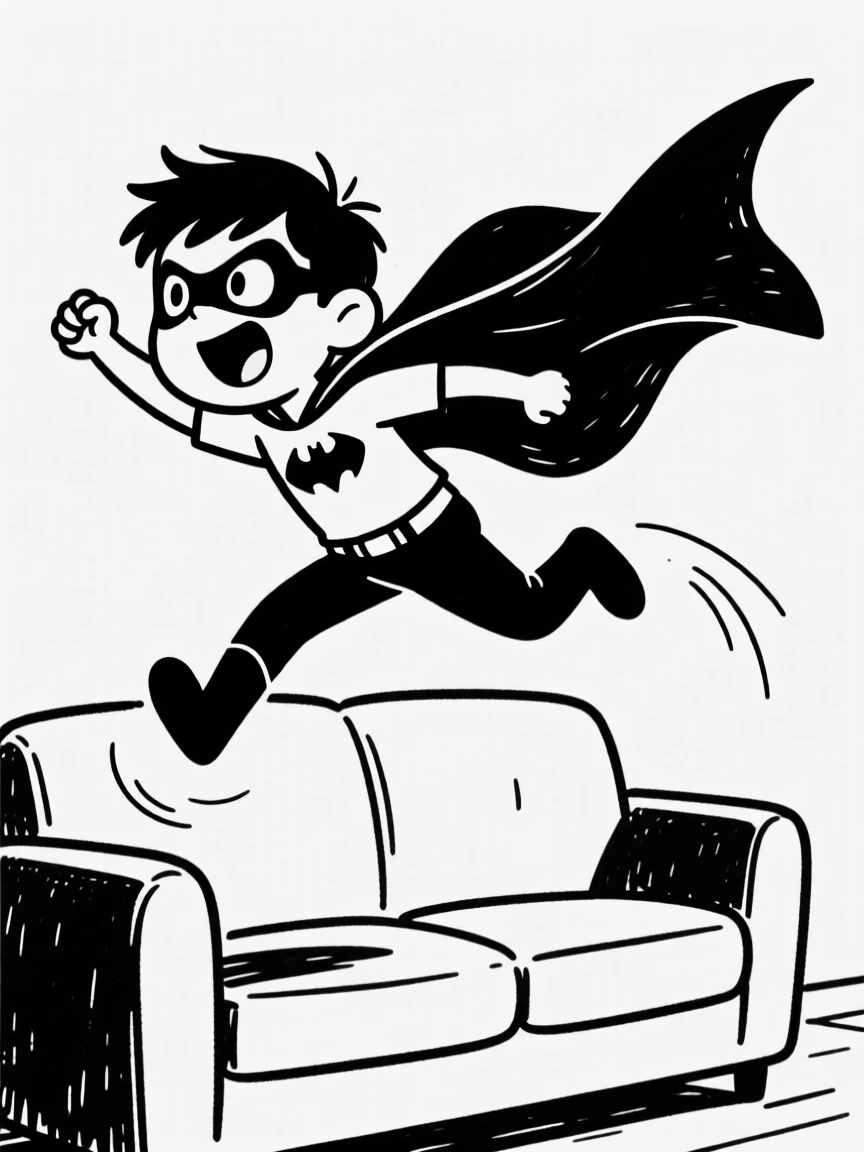A little boy dressed as a superhero, cape flowing, mid-leap off a couch.