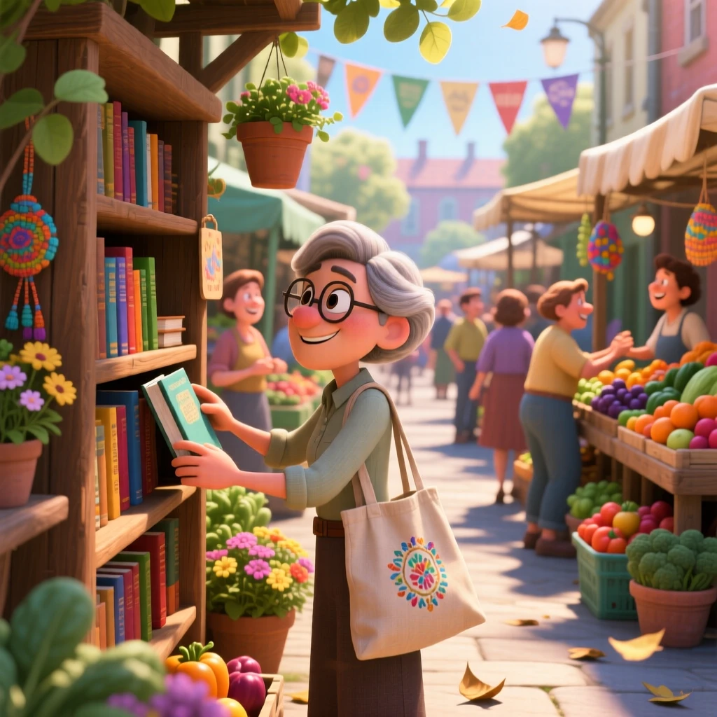 A librarian reshelving books in a quiet aisle is captured at a sunny farmers market bustling with vendors, with a light breeze stirring nearby leaves. The atmosphere feels cozy, human, and full of small joys.