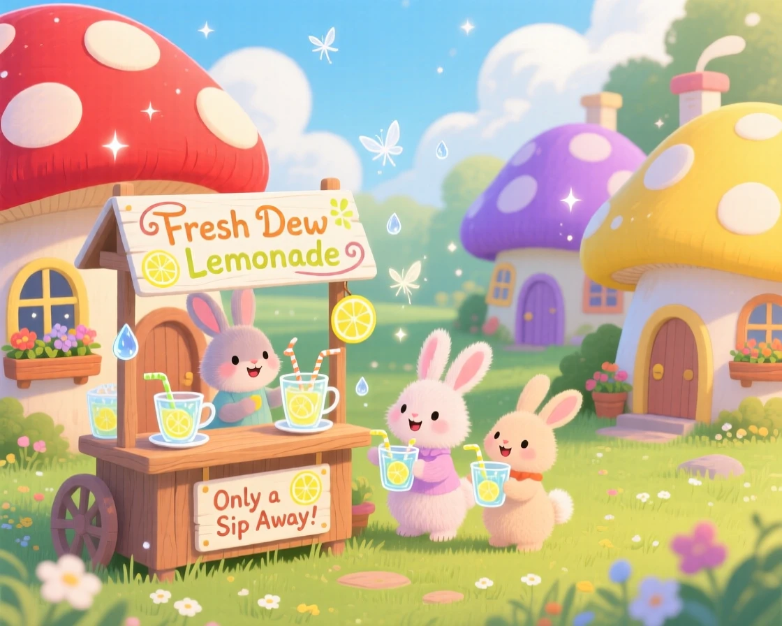 A family of teacup rabbits delights in selling tiny cups of dew as lemonade, tucked within a neighborhood of mushroom-cap houses, as gentle sparkles settle over the scene.