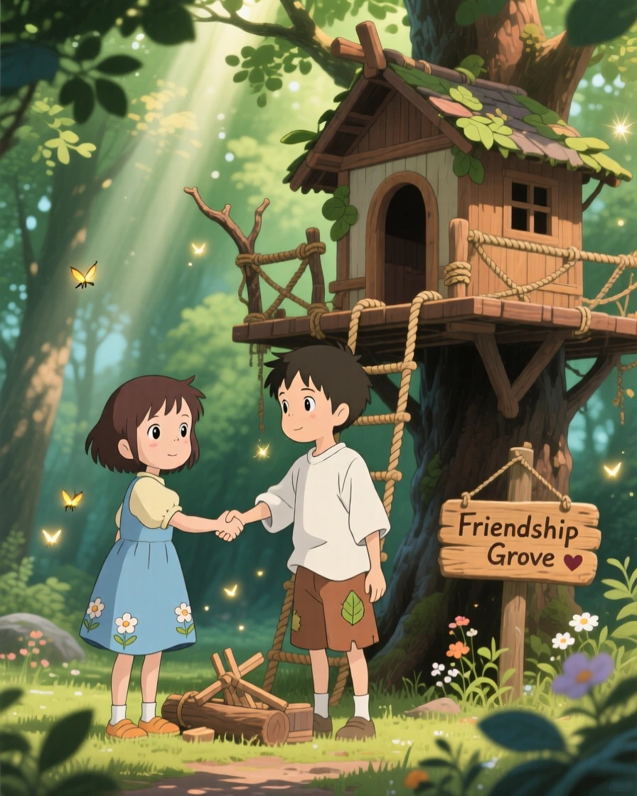 A tender moment of two children shaking hands after building something together, the scene deeply heartfelt.