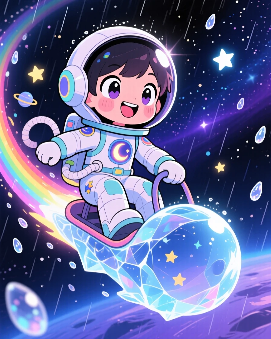 Waist-up portrait of a young space explorer, riding a comet like a sled, in a starry cosmic trail, during a gentle spring rain shower, illuminated by bright rainbow-tinted light, radiating triumphant pride.