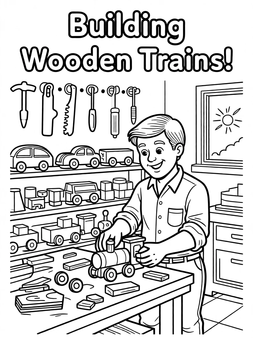 A toy maker building wooden trains in a workshop