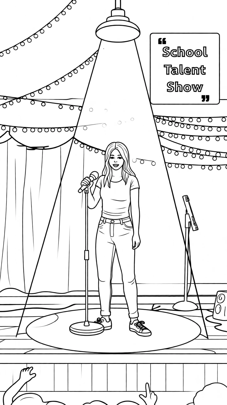 A school talent show performer under a single spotlight, with string lights strung across the ceiling.