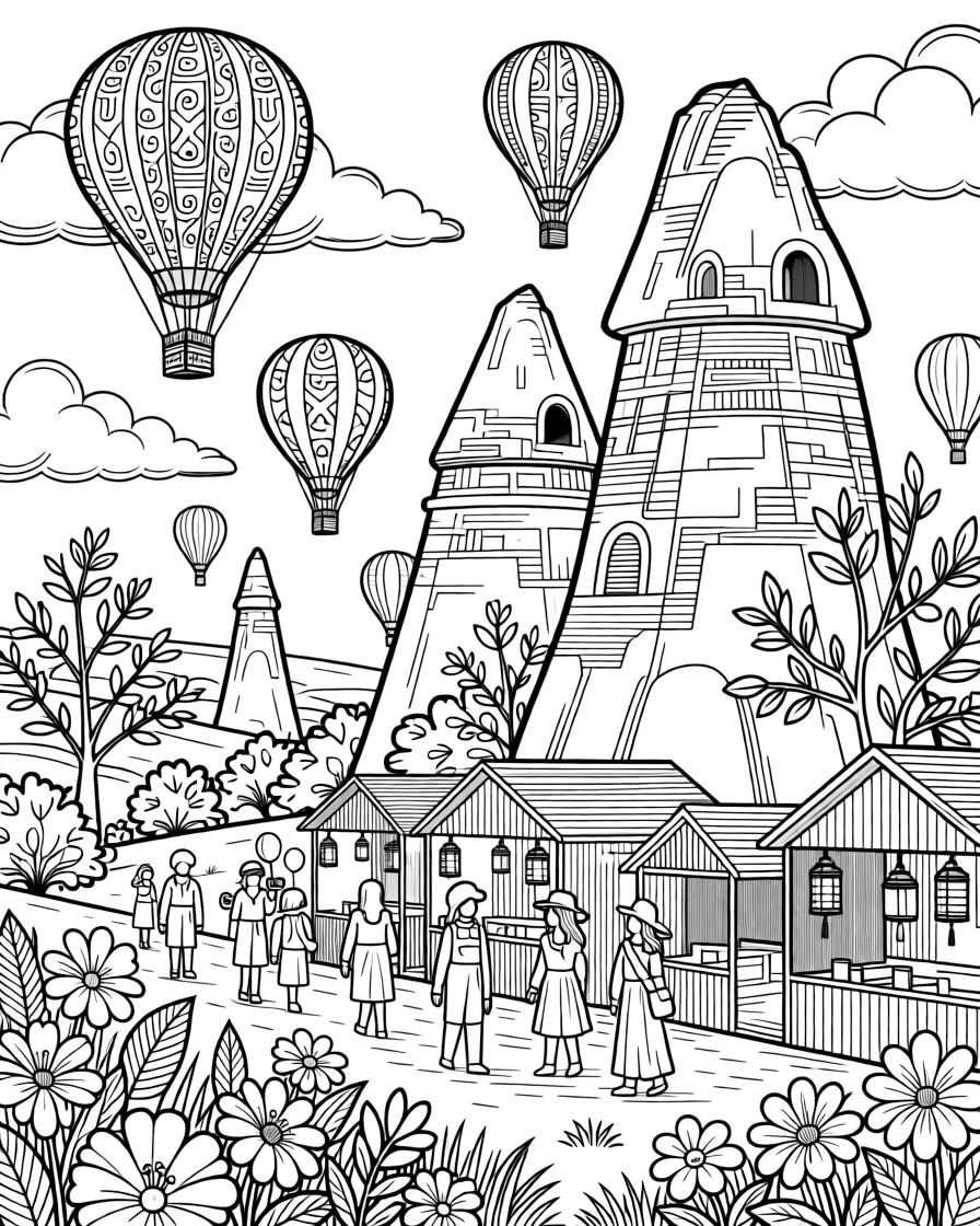 A hot air balloon festival rising over fairy-chimney rock formations.