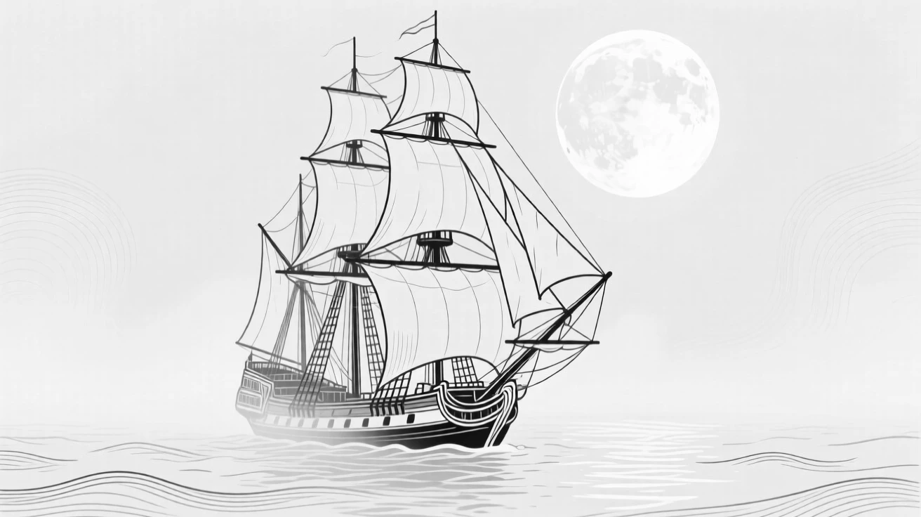 A ghost ship sailing through a foggy, moonlit sea
