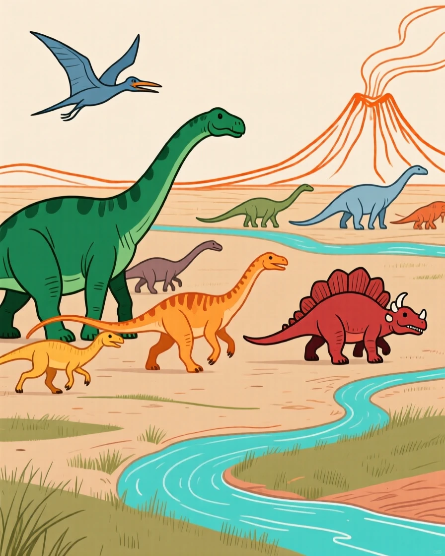 A herd of dinosaurs migrating across a prehistoric plain.