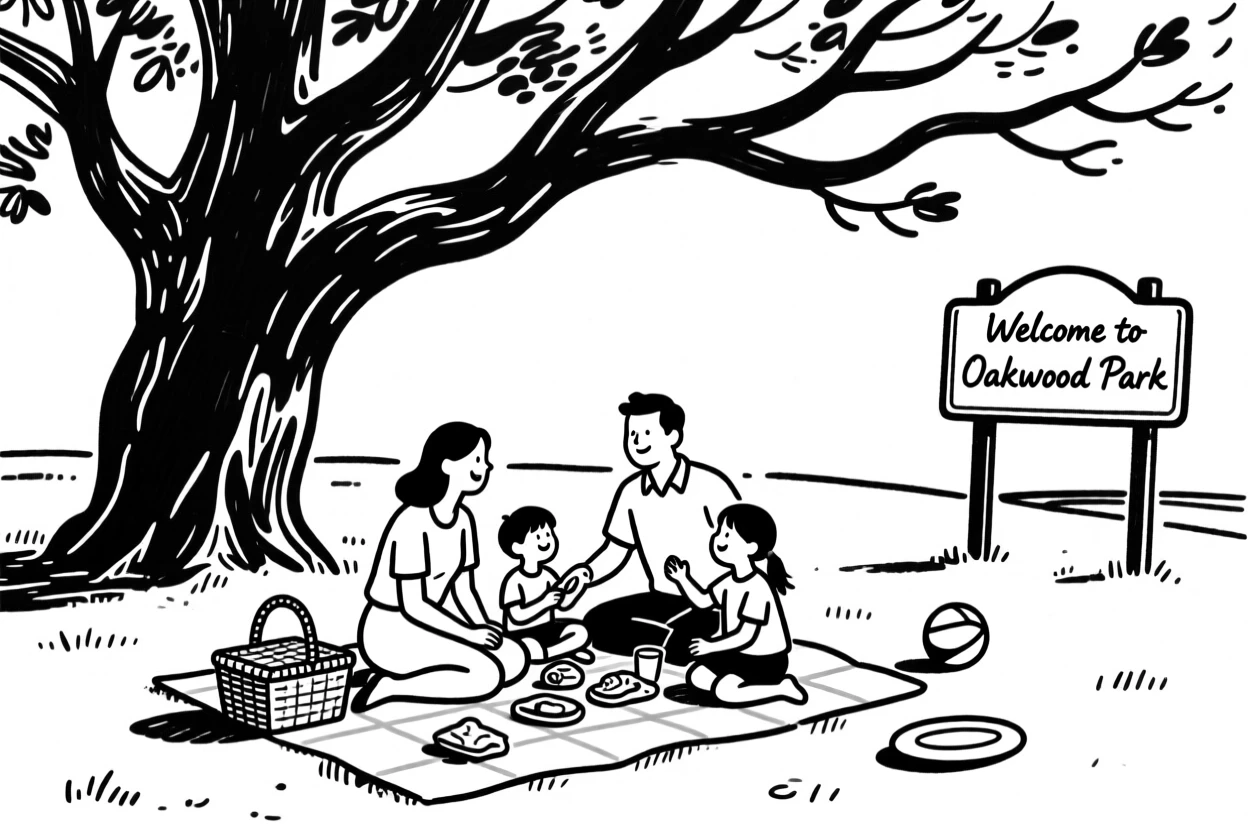 A family having a picnic under a large oak tree in a park.
