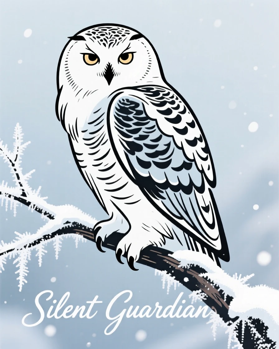 A snowy owl perched silently on a frost-covered branch.