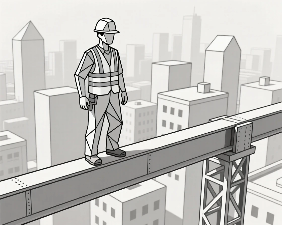A construction worker on a steel beam high above a city