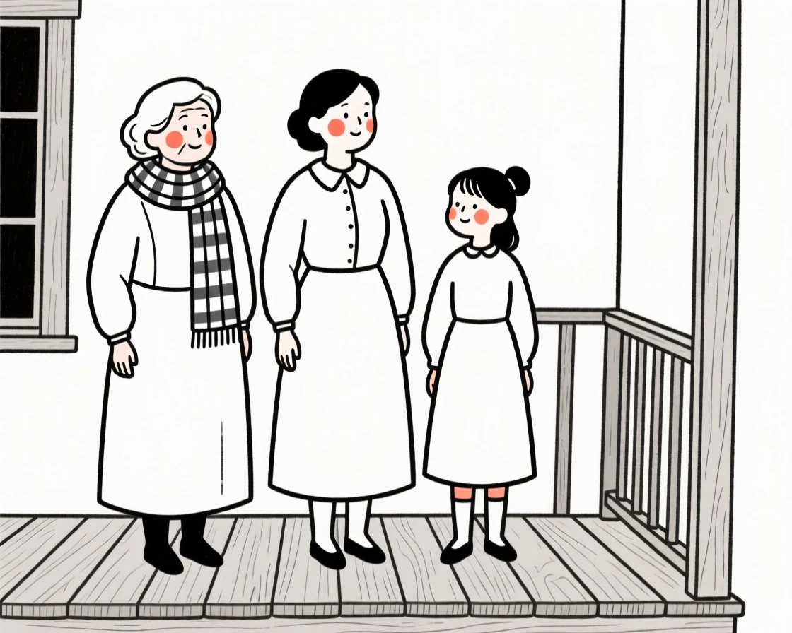 Three generations of women of Scottish heritage, gazing thoughtfully into the distance, on a rustic wooden porch.