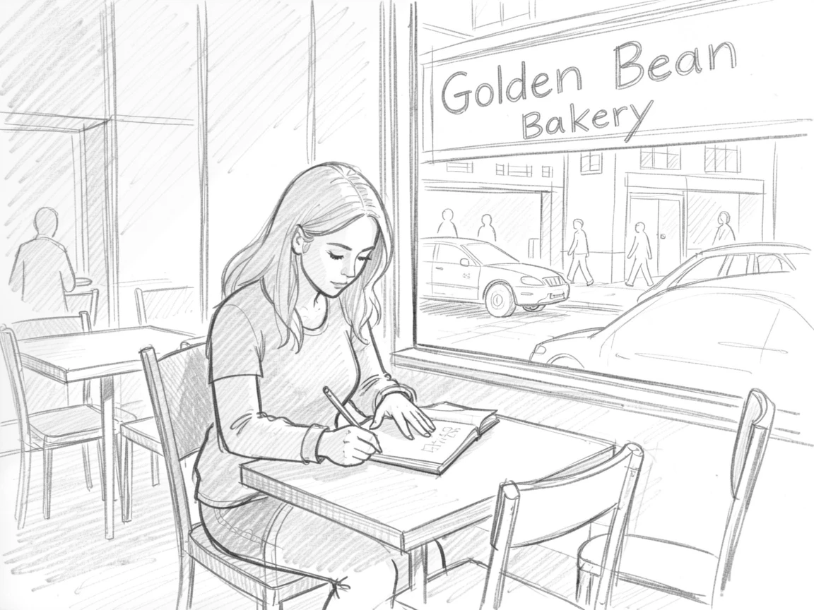 A woman sketching in a quiet cafe, on a bustling downtown corner, with golden morning light streaming through windows.