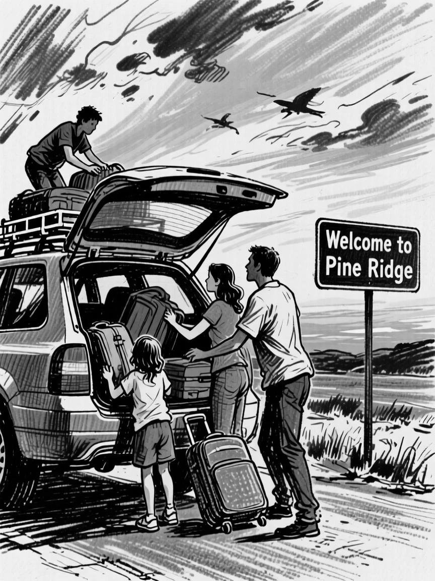 A family loading a car for a road trip, beneath a sky streaked with sunset colors.
