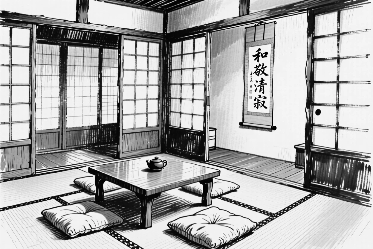 A traditional tea house interior with paper screens and low seating.