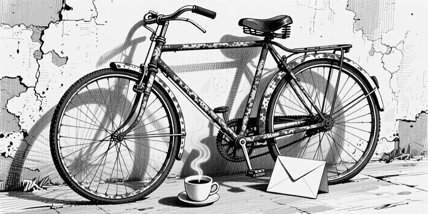 An old bicycle leaning on a wall placed beside a steaming cup of coffee, with a folded note tucked alongside it, forming a full of quiet character still-life study.