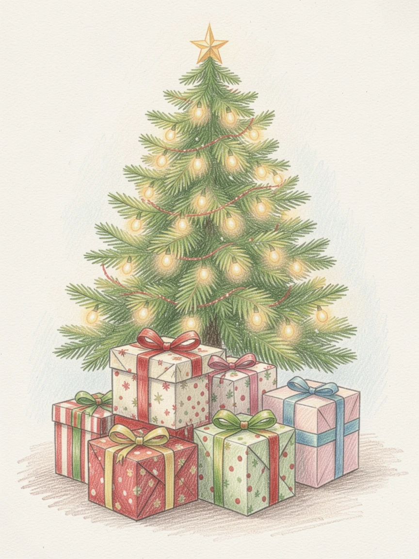 A stack of wrapped gifts tied with ribbon beneath a glowing tree, captured with careful, elegant composition, full of storytelling character and warmth.