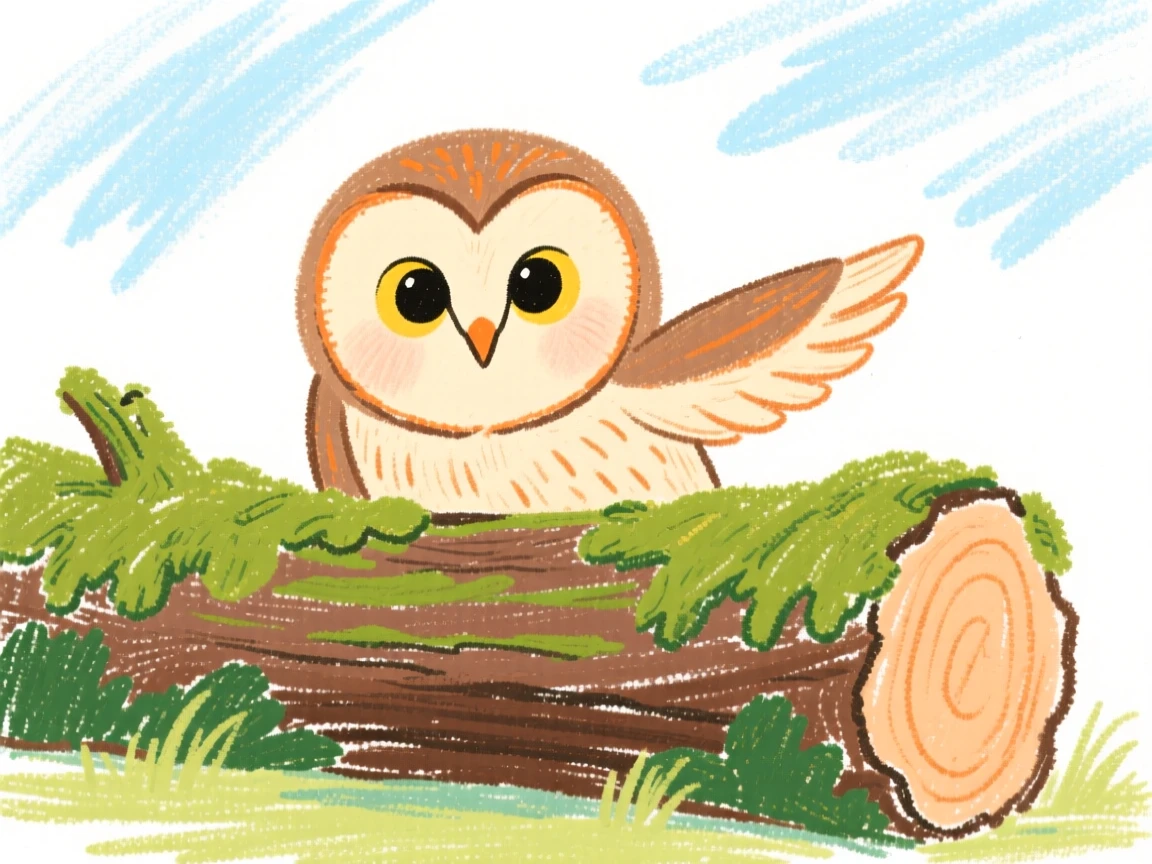 A barn owl peeking out from behind a moss covered log.
