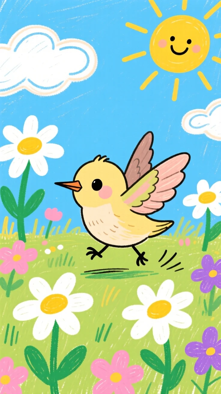 A tiny hummingbird chick hopping through a meadow of daisies.