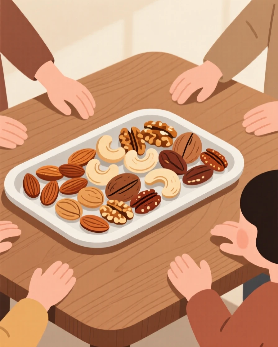 A tray of roasted nuts beautifully displayed on a wooden table at a family gathering.