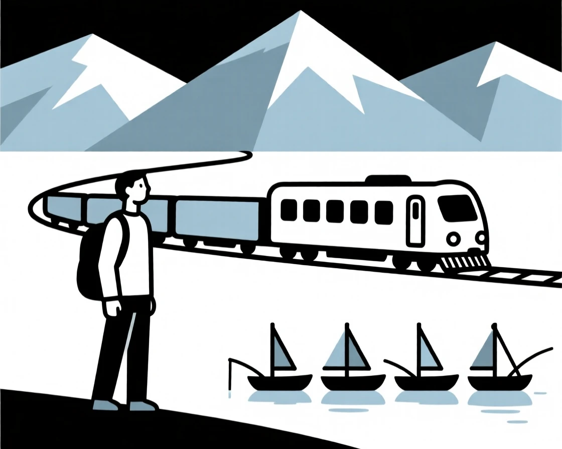 A traveler standing before a train winding through mountains in a snow-covered alpine village, with a row of fishing boats nearby, feeling adventurous excitement.